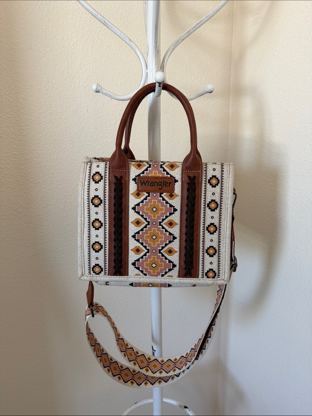 Wrangler Embroidered Crossbody Tote in White and Brown with Tan Accents